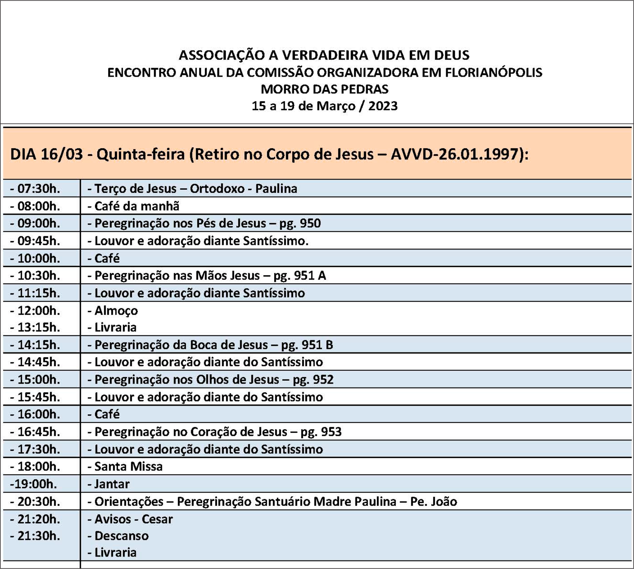 Programação do dia