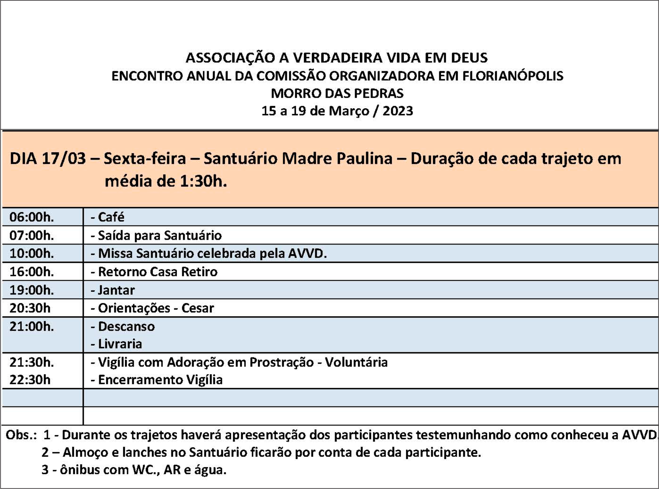 Programação do dia