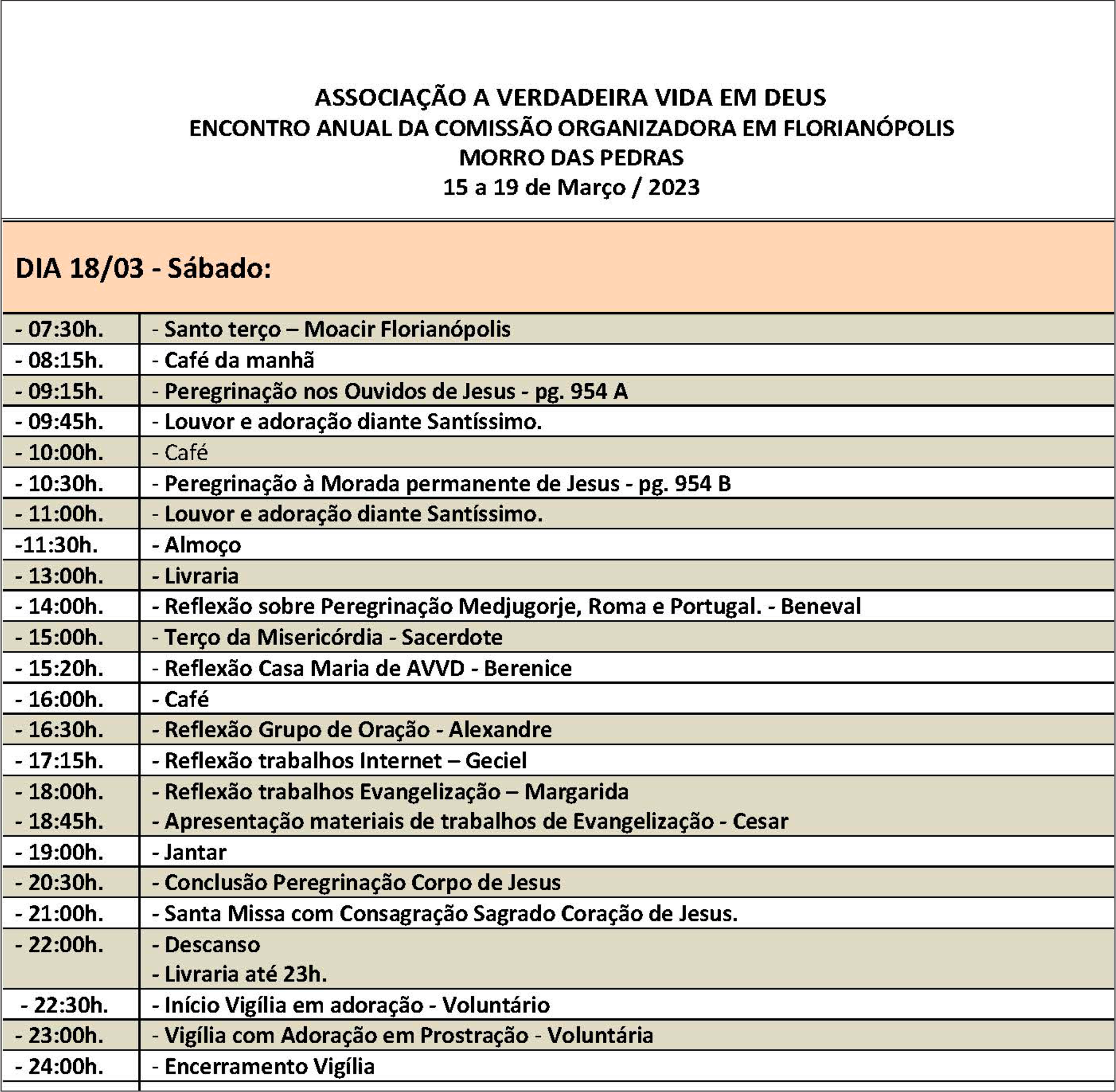 Programação do dia
