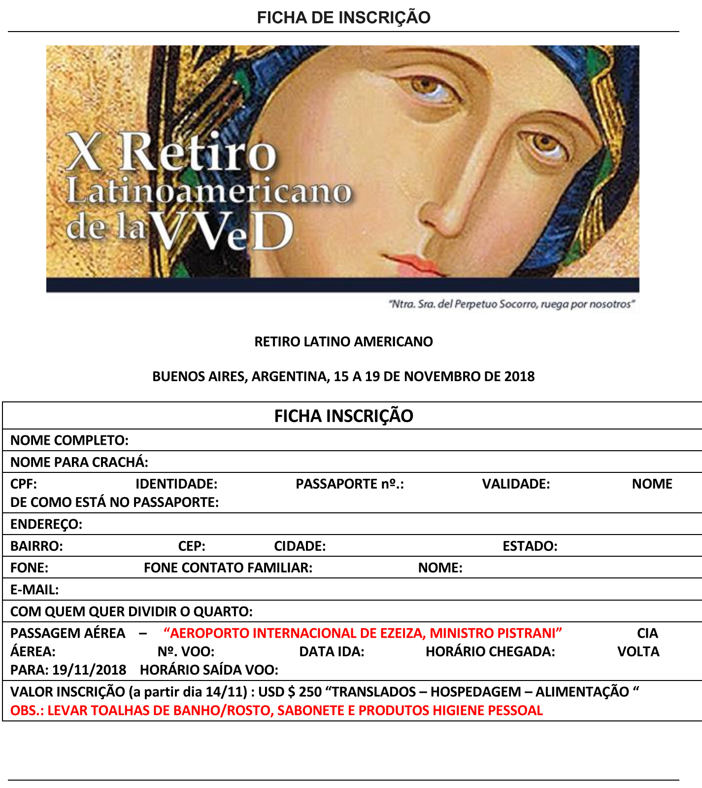 X Retiro Latinoamericano de La VVeD - Ficha de Inscrição